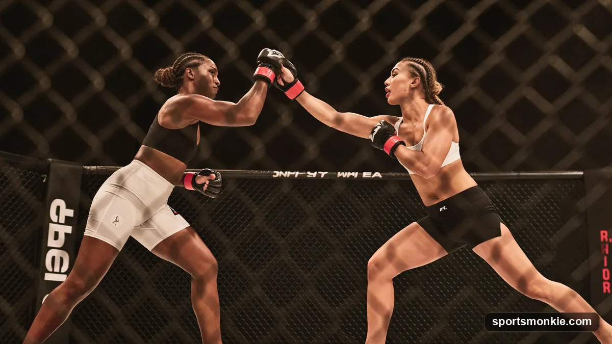 Two female MMA fighters facing off at a UFC weigh-in