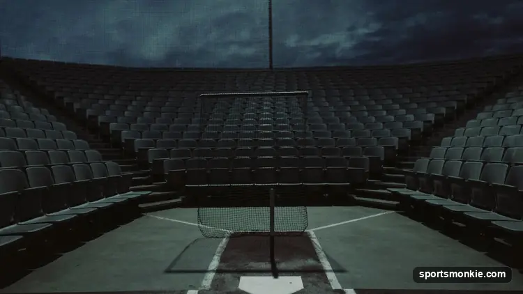 Empty baseball stadium at dusk with a lone scoreboard glowing