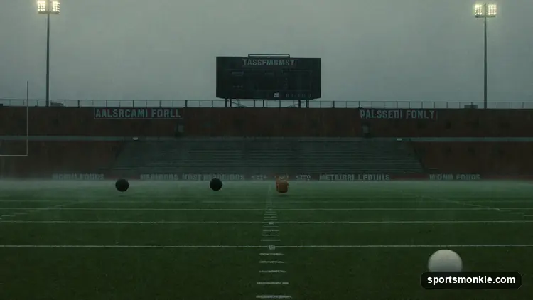 Empty American football stadium with an overcast sky