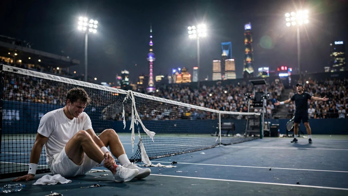 A generic tennis player in plain white kit sitting on a night stadium court holding his ankle beside a damaged net tape while his opponent waits with arms spread at the far baseline, editorial graphic
