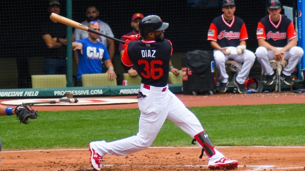 File photo from 27 August 2017: Yandy Diaz batting for Cleveland, the club he faced on Saturday night with Tampa Bay. It does not show ALCS Game 4.