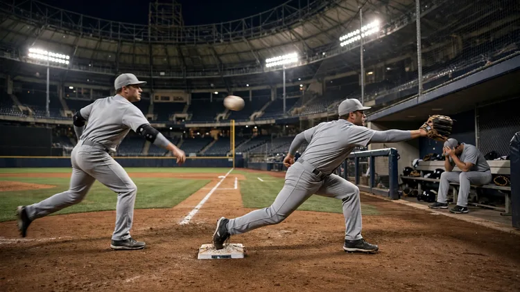 A generic infielder's throw sailing wide past a stretching first baseman under domed stadium lights at night, with a team-mate in the dugout holding his head in his hands, editorial graphic