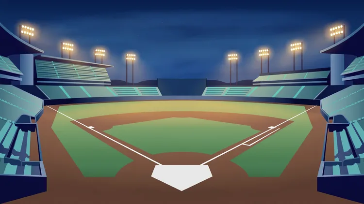Floodlit baseball stadium at dusk under a deep blue sky, editorial graphic for Yankees vs Rays ALDS Game 1
