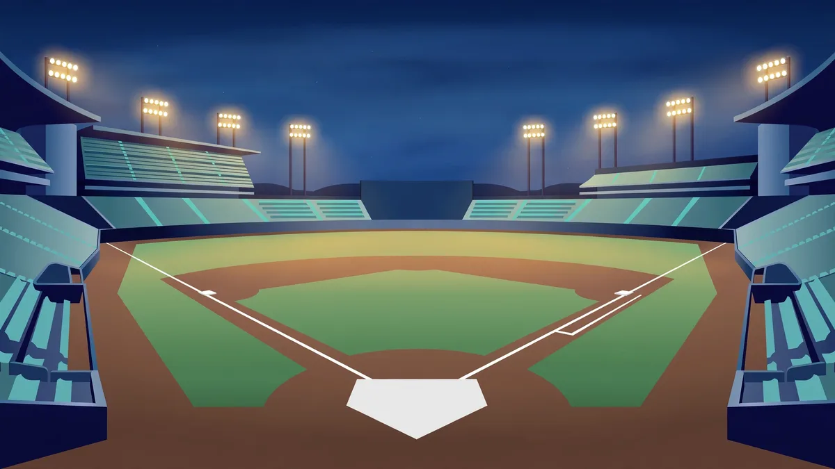 Floodlit baseball stadium at dusk under a deep blue sky, editorial graphic for Yankees vs Rays ALDS Game 1