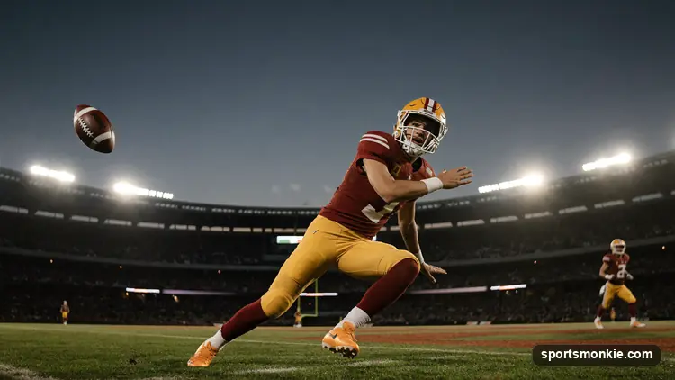 A young football player in pads standing on an NFL field before kickoff