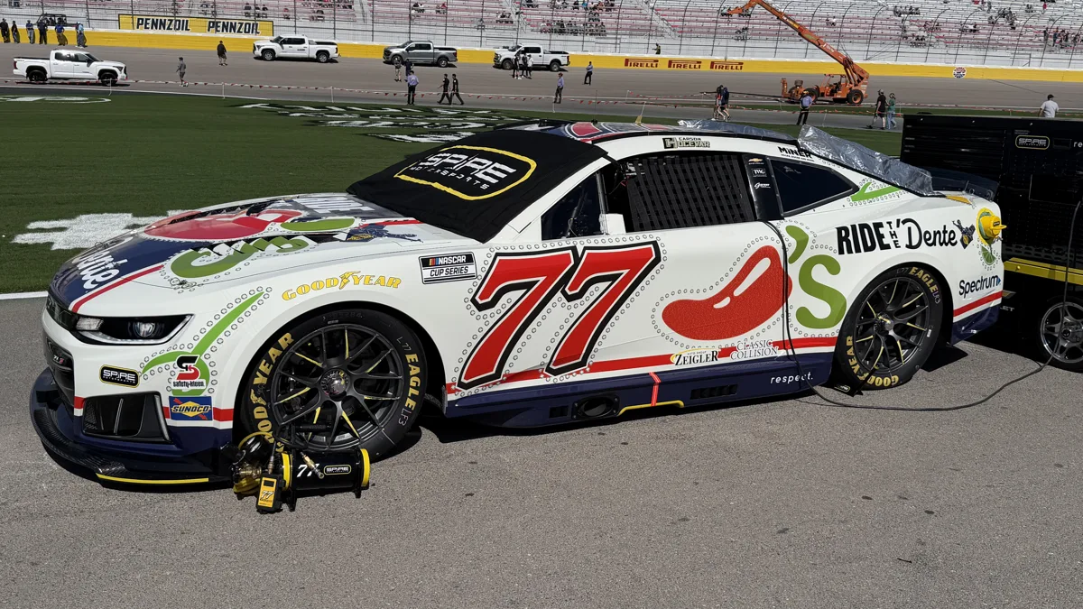 File photo from 15 March 2026: Carson Hocevar's No. 77 Spire Motorsports car at the Pennzoil 400 in Las Vegas. It does not show Phoenix or the cool-down lap contact with Zane Smith.