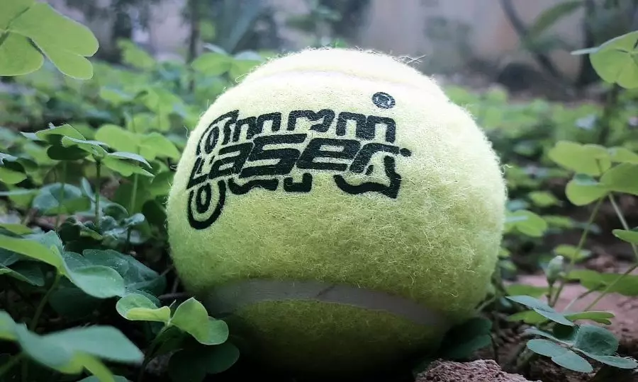 Green tennis ball with Japanese text on grass