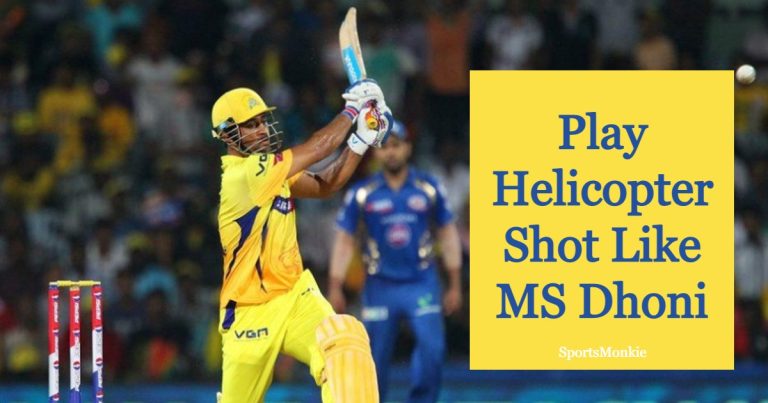 MS Dhoni in Chennai Super Kings' jersey playing a helicopter shot.