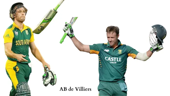 AB de Villiers celebrating victory holding cricket and bat and helmet.