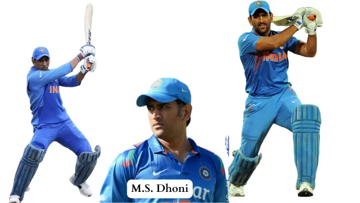 M.S dhoni playing shots in indian cricket team kit.