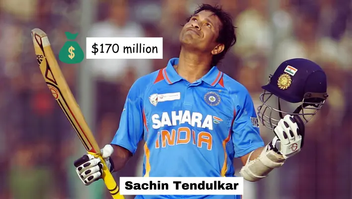 Sachin Tendulkar holdoing his cricket bat and ball. photo shows his networth.