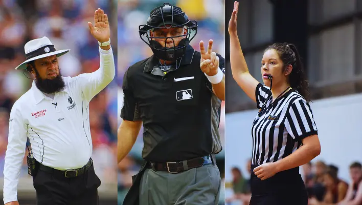Umpires in cricket, baseball, and tennis signaling decisions in a dynamic display of officiating across various sports.