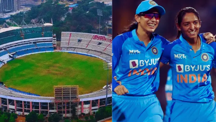 two women indian cricketers with a cricket ground image