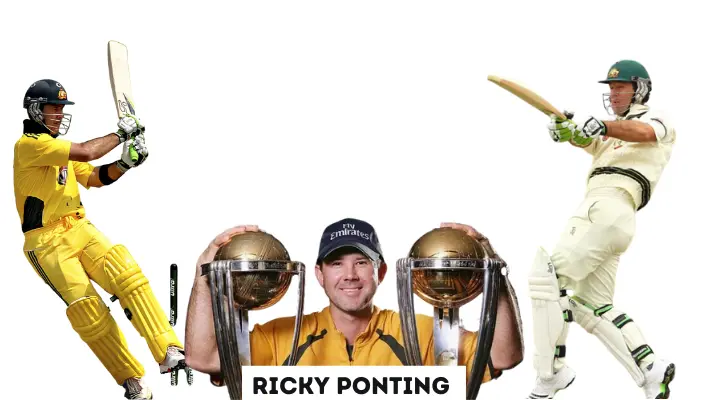 Ricky Ponting play shots and holding two world cups.