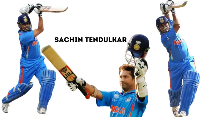 Sachin Tendulkar playning shots and celebrating victoty holding cricket bat and helmet in his hands.