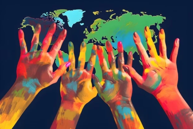 Hands painted with colorful paint showing cultural diversity.